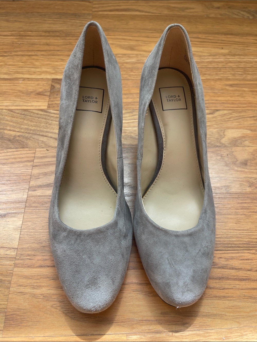 Lord & Taylor Grey Suede Round-Toe Heels